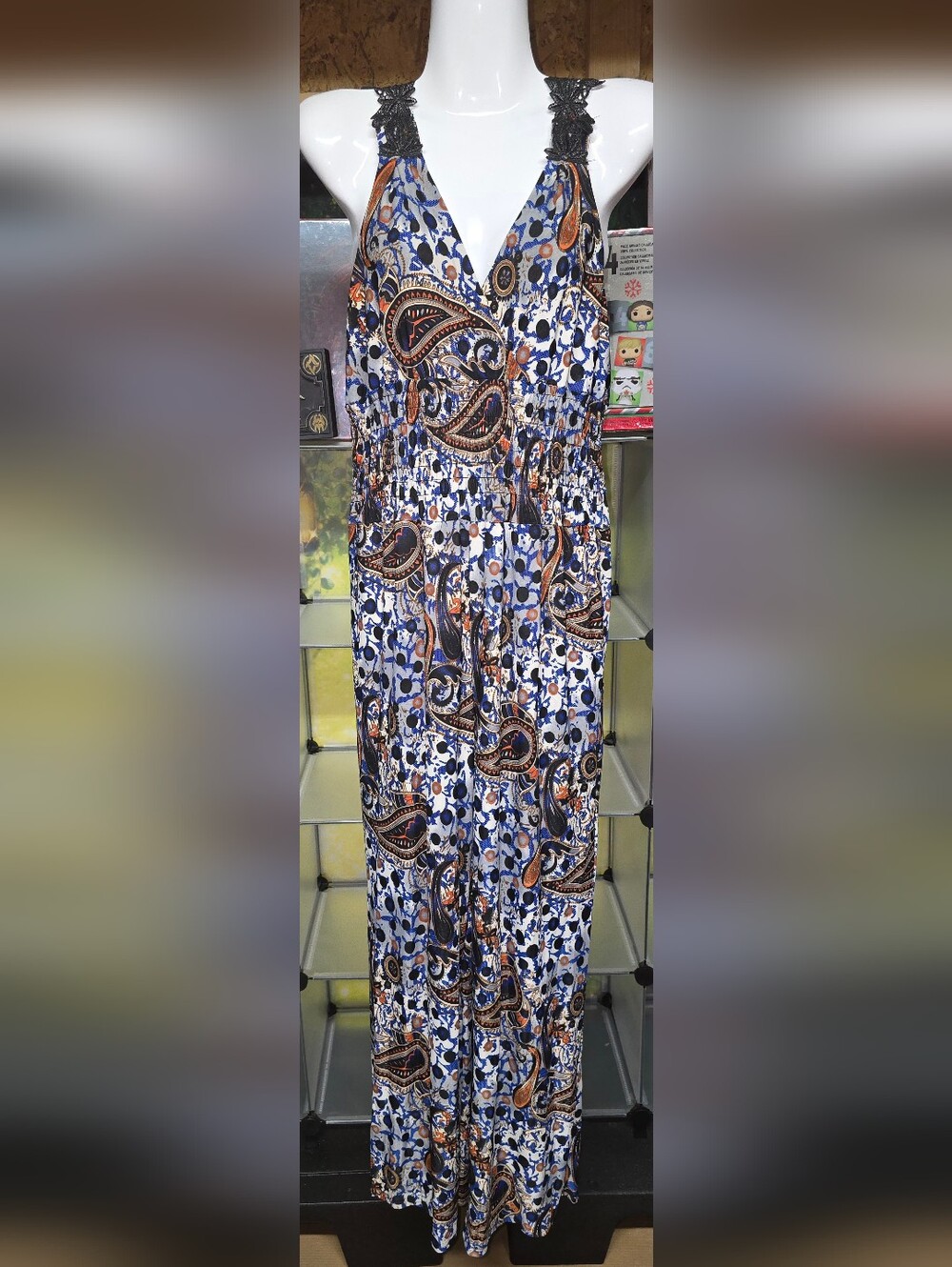 #100 Boho Print V-Neck Jumpsuit with Lace Straps - Blue & Brown